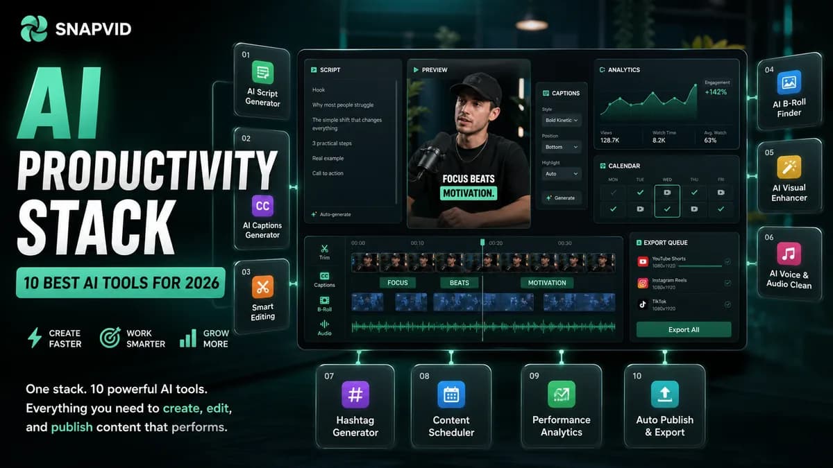 Tableau de bord de la pile de productivité IA SNAPVID pour les créateurs de vidéos courtes