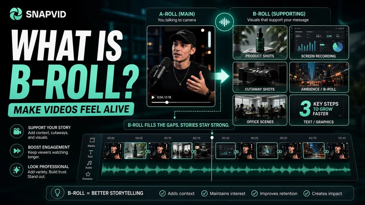 Visuel SNAPVID sur la signification du B-roll : histoire, types et usages expliqués !